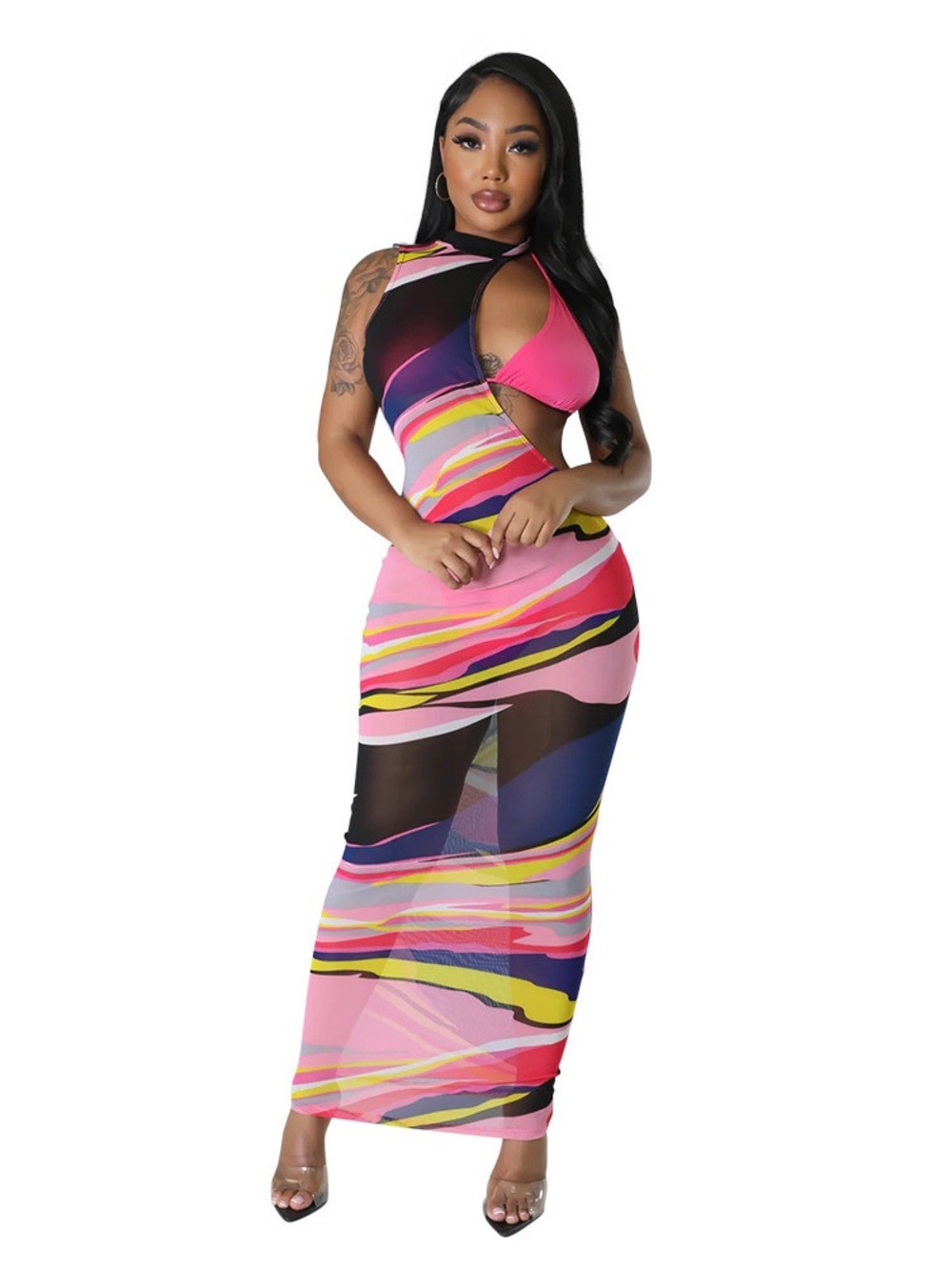 Pink Multi-Color Cutout Maxi Dress with Abstract Print
